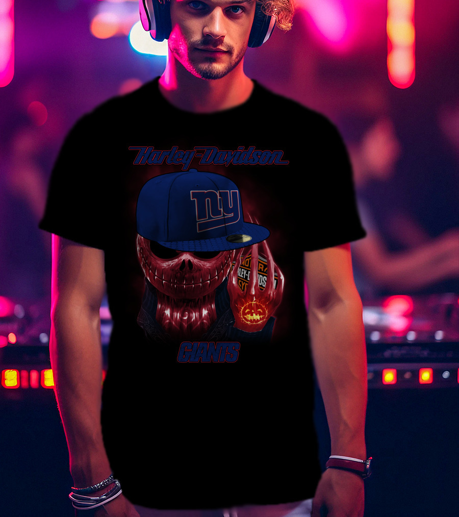 Harley Davidson New York Giants Skull With Cap And Pumpkin Lights T-Shirt
