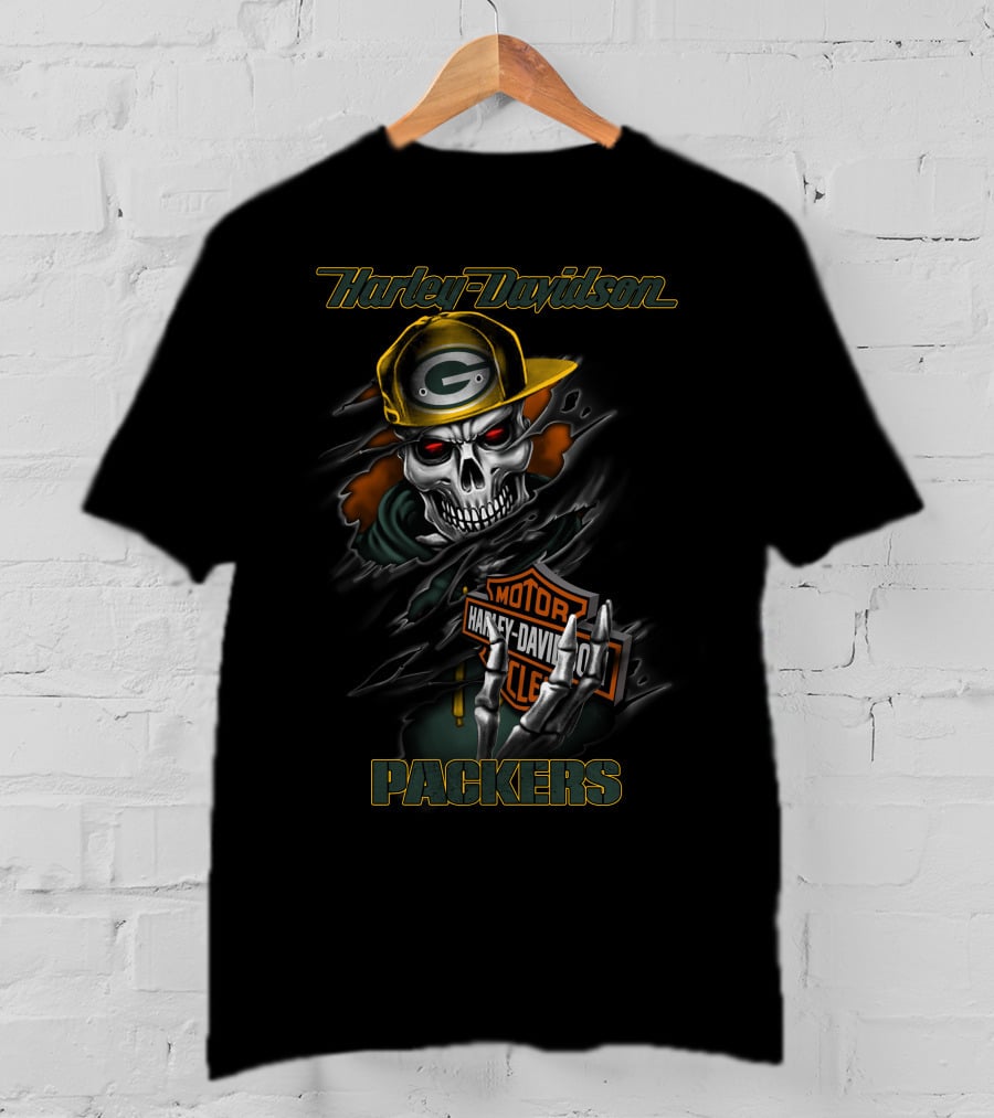 Harley Davidson Green Bay Packers Skull With Cap T-Shirt
