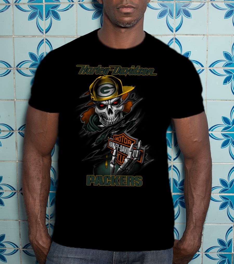 Harley Davidson Green Bay Packers Skull With Cap T-Shirt