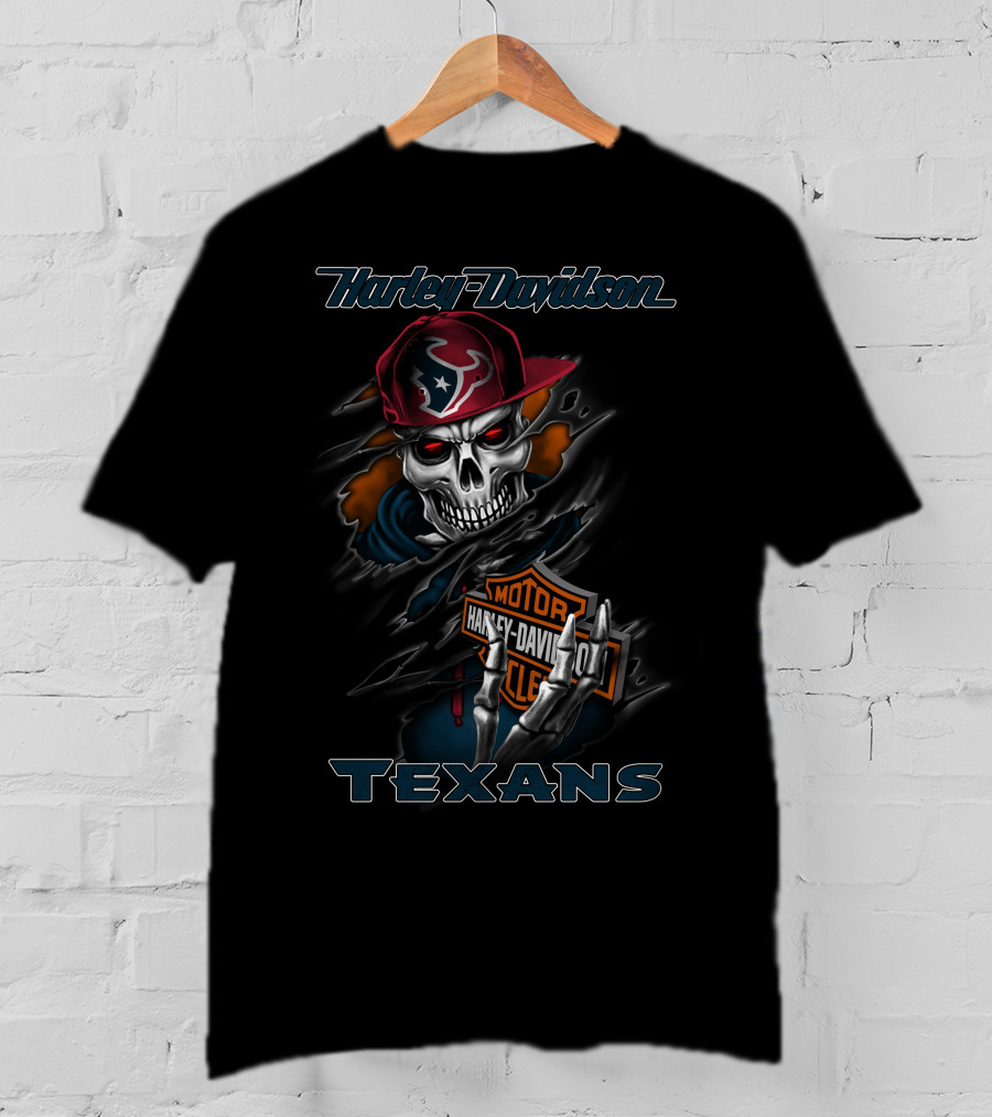 Harley Davidson Texans Skull With Houston Texans Cap T-Shirt