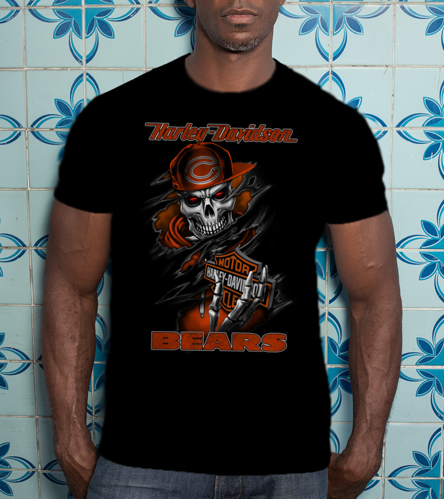 Harley Davidson Bears Skull With Chicago Orange Cap And Motor T-Shirt