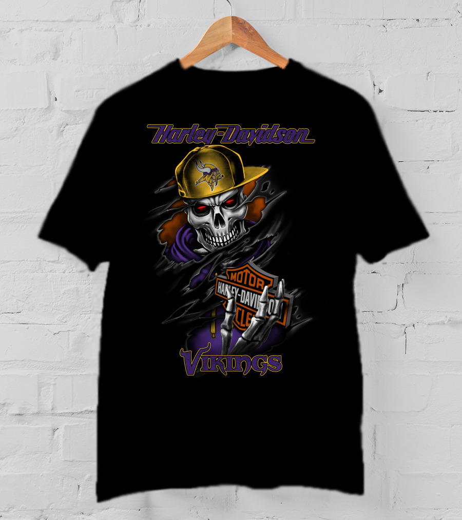 Harley Davidson Vikings Skull In Cap With Motorcycle T-Shirt