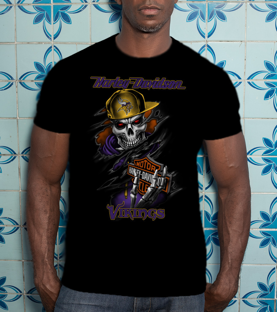 Harley Davidson Vikings Skull In Cap With Motorcycle T-Shirt