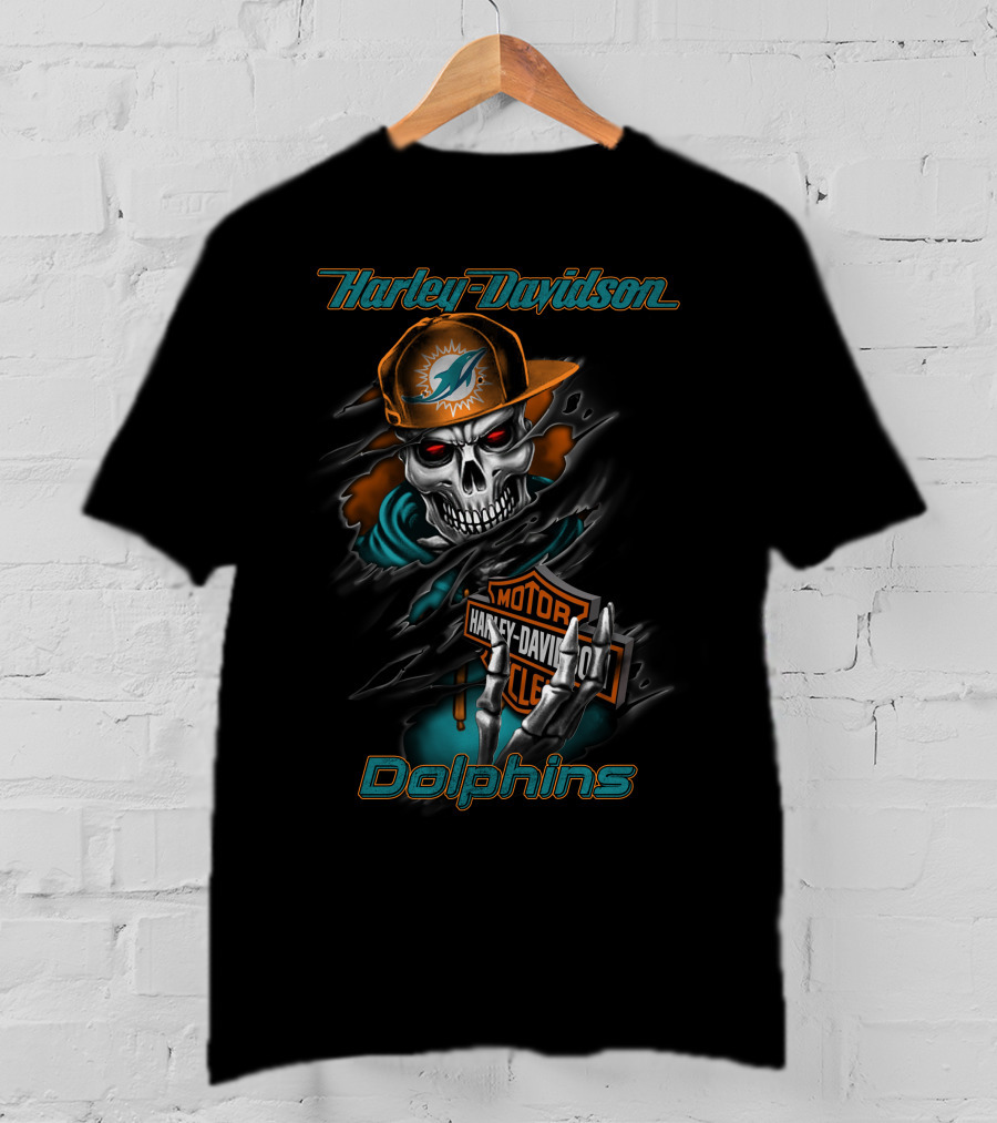 Harley Davidson Dolphins Motorcycle Skeleton With Miami Dolphins Cap T-Shirt