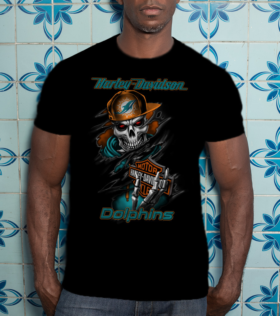 Harley Davidson Dolphins Motorcycle Skeleton With Miami Dolphins Cap T-Shirt