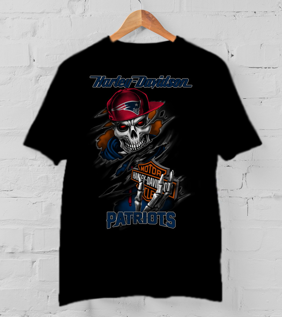 Harley Davidson Patriots Skull Graphic Wearing Nfl New England Patriots Cap T-Shirt