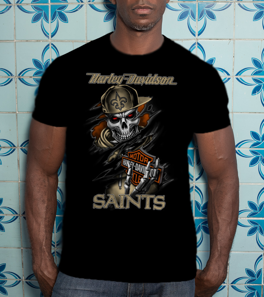 Harley Davidson Saints Skull With Fleur-De-Lis Cap T-Shirt