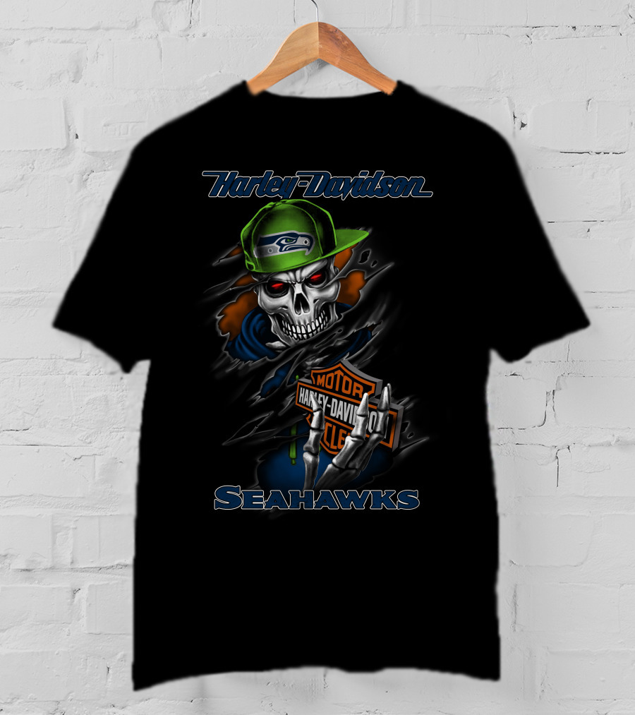 Harley Davidson Seahawks Skull With Motorcycle T-Shirt