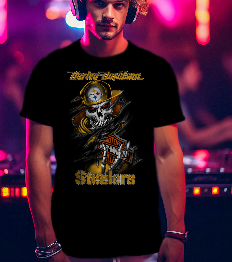 Harley Davidson Steelers Skeleton With Pittsburgh Steelers T-Shirt