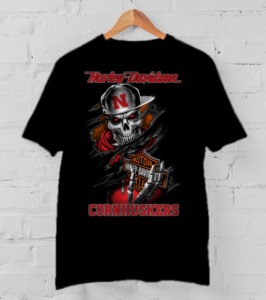 Harley Davidson Cornhuskers Skull With Cap T-Shirt