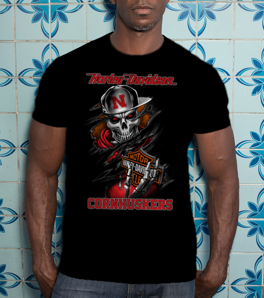 Harley Davidson Cornhuskers Skull With Cap T-Shirt
