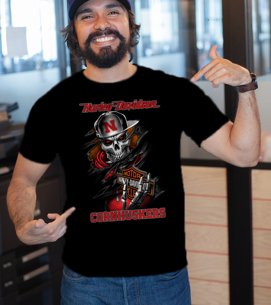 Harley Davidson Cornhuskers Skull With Cap T-Shirt