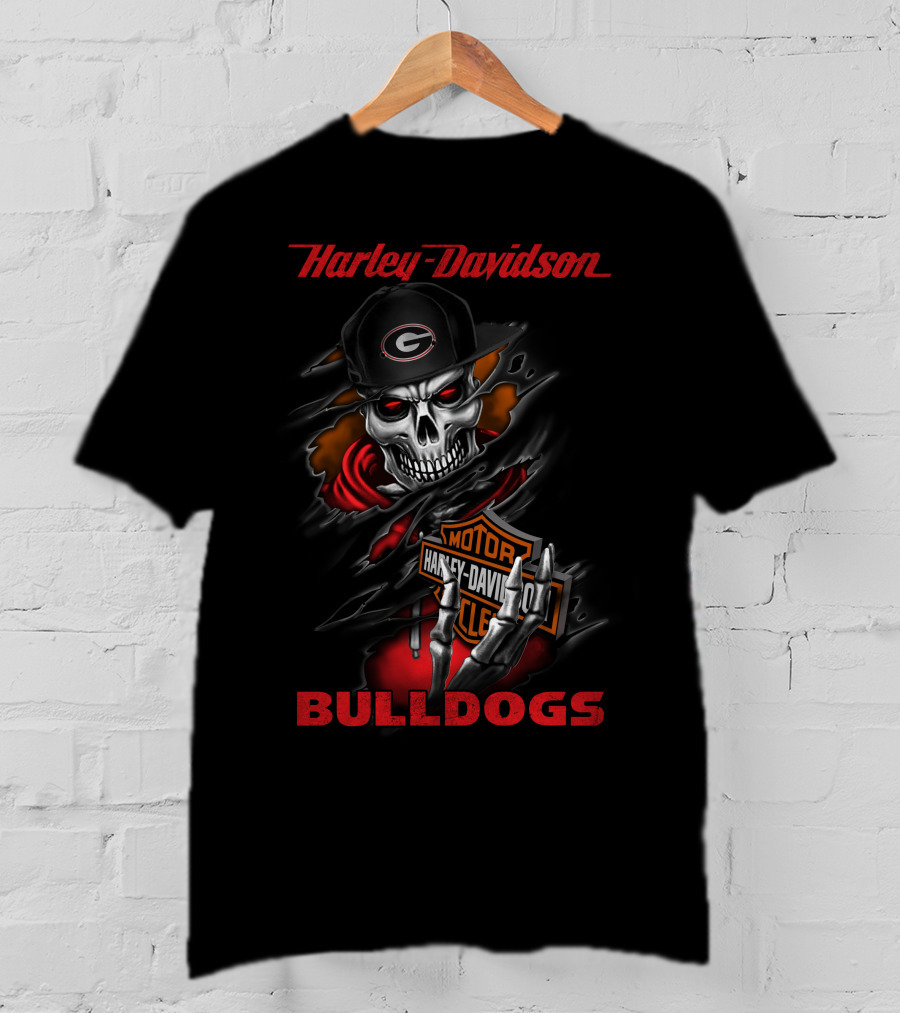 Harley Davidson Bulldogs Skeleton With Georgia T-Shirt