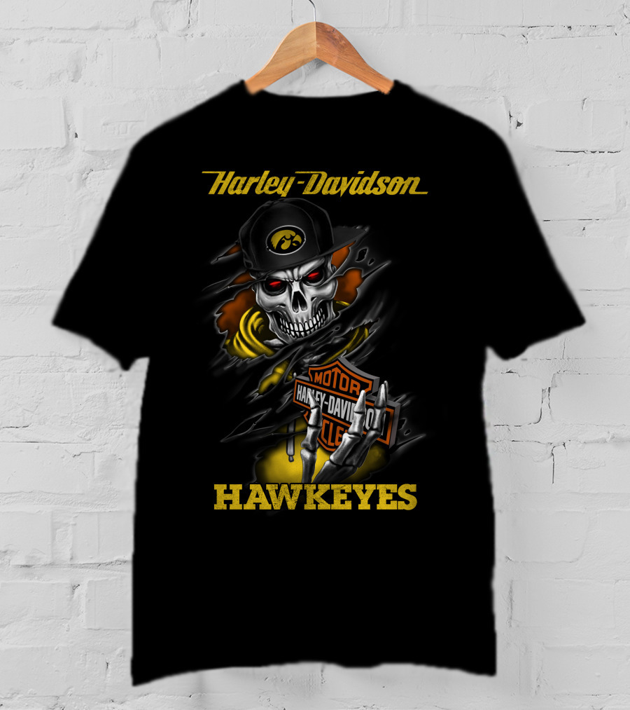 Harley Davidson Hawkeyes Skull With Iowa Logo And Motorcycle T-Shirt