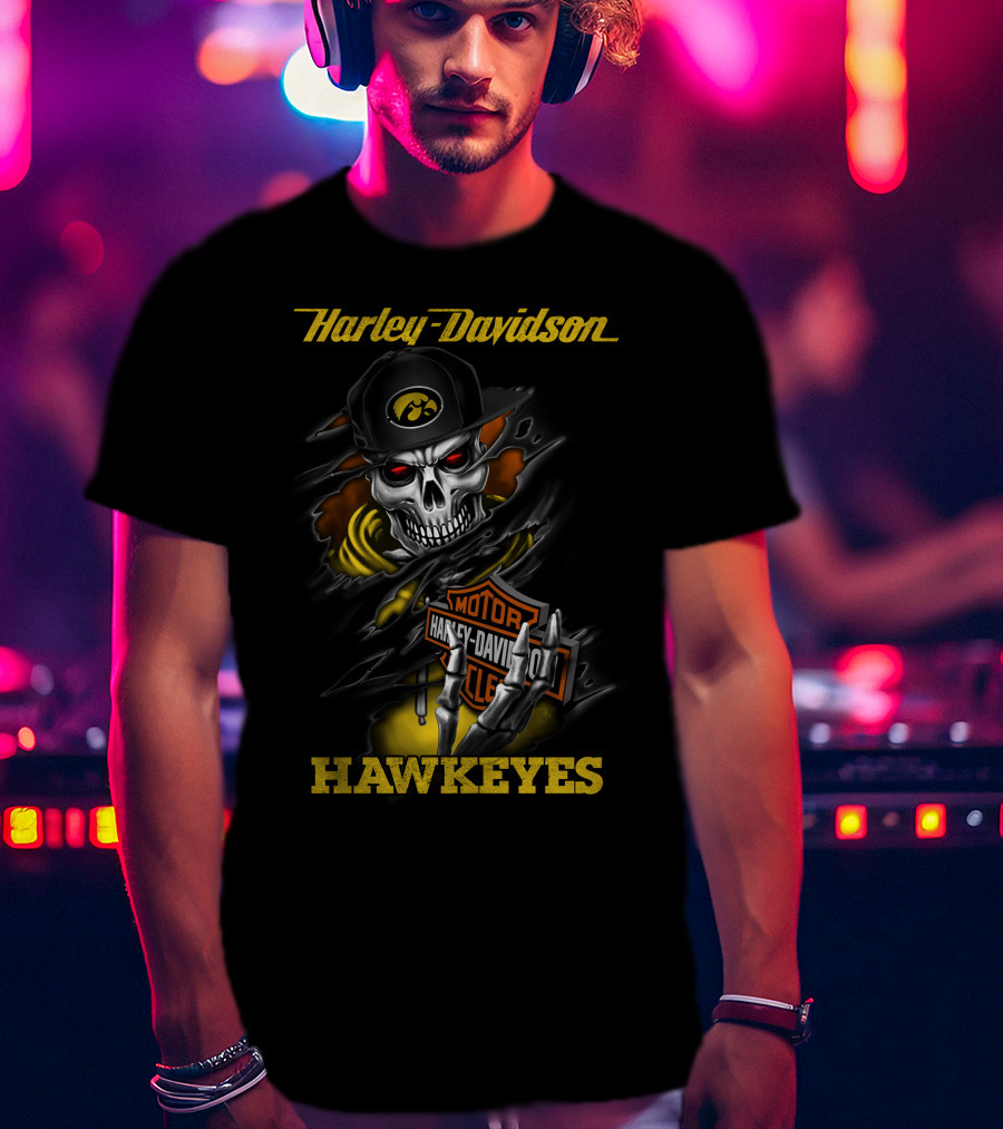 Harley Davidson Hawkeyes Skull With Iowa Logo And Motorcycle T-Shirt
