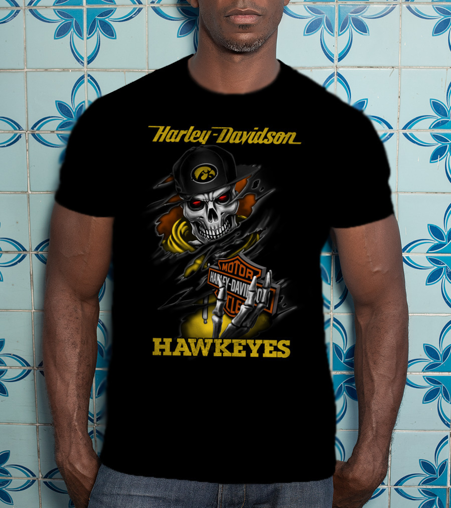 Harley Davidson Hawkeyes Skull With Iowa Logo And Motorcycle T-Shirt