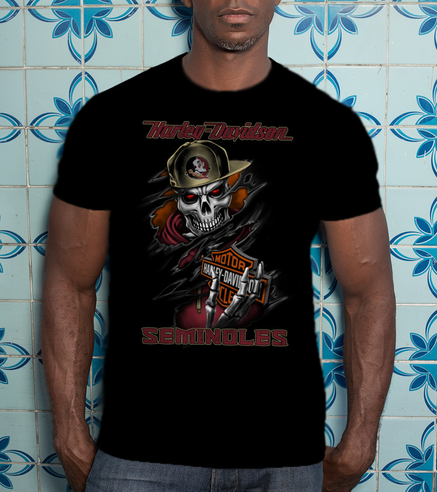 Harley Davidson Seminoles Skeleton Motocycle Rider With Florida State Hat T-Shirt