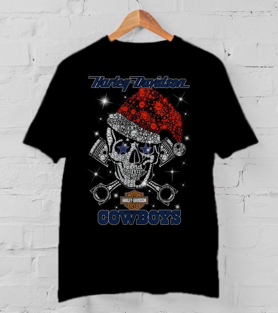 Harley Davidson Motor Cycles Cowboys Christmas Skull Santa Hat T-Shirt