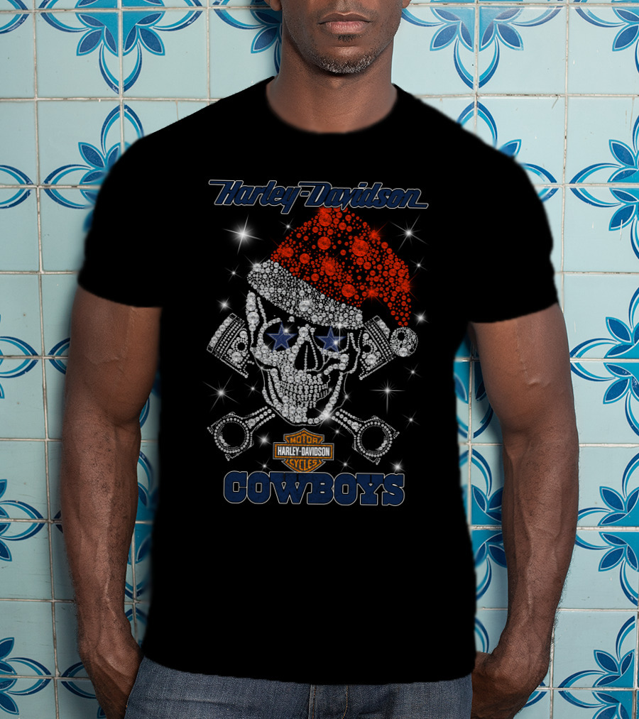 Harley Davidson Motor Cycles Cowboys Christmas Skull Santa Hat T-Shirt