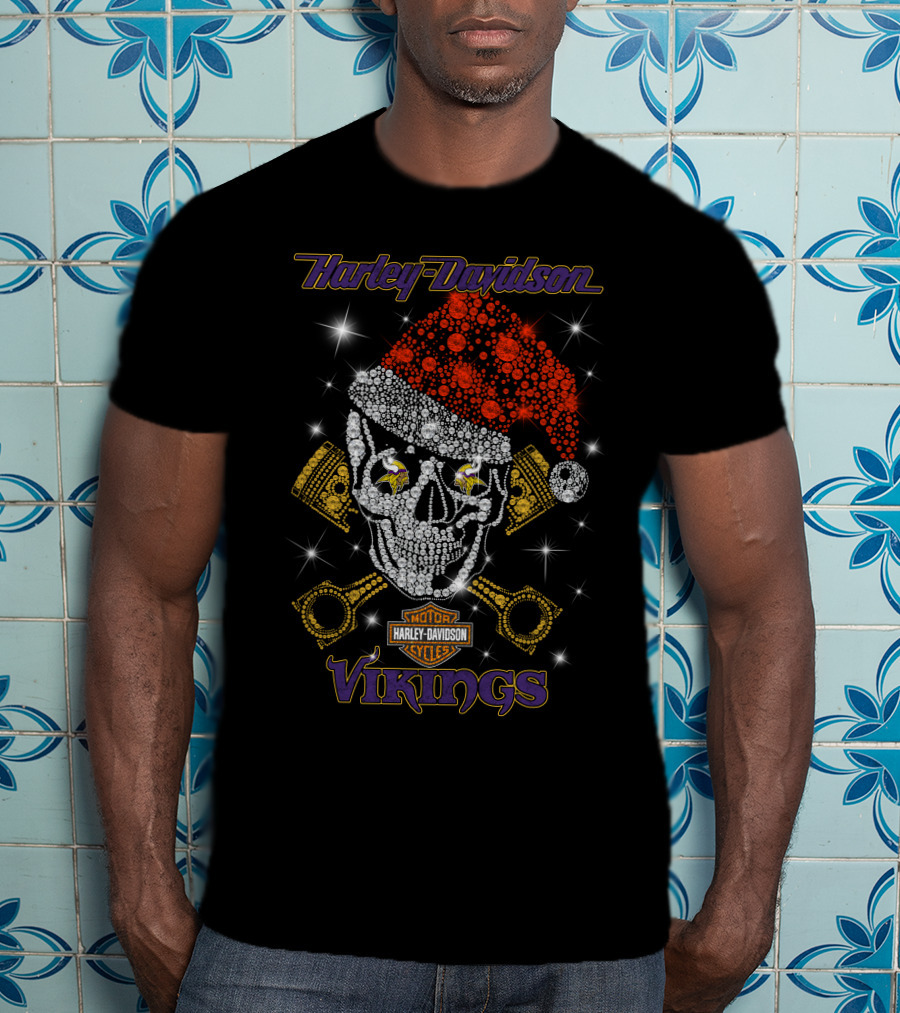 Harley Davidson Christmas Skull Motorcycles Minnesota Vikings T-Shirt