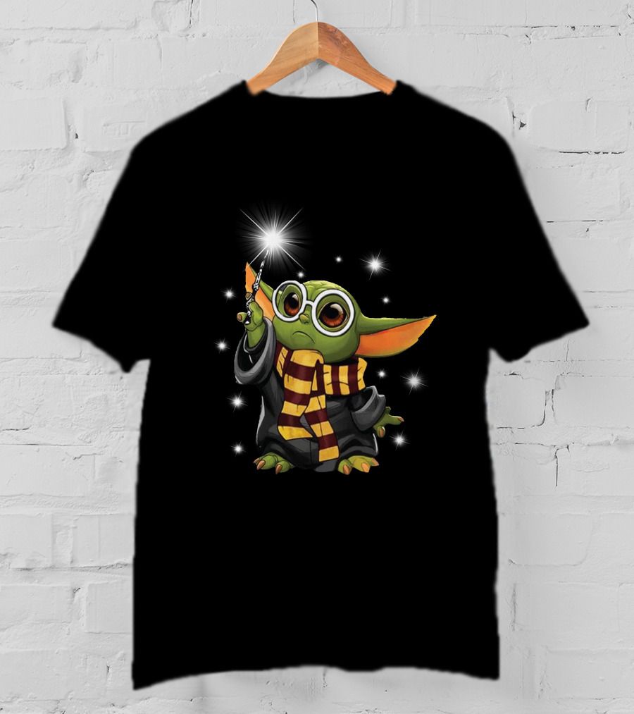 Wand Holding Grogu In Wizard Robe And Scarf With Glasses T-Shirt