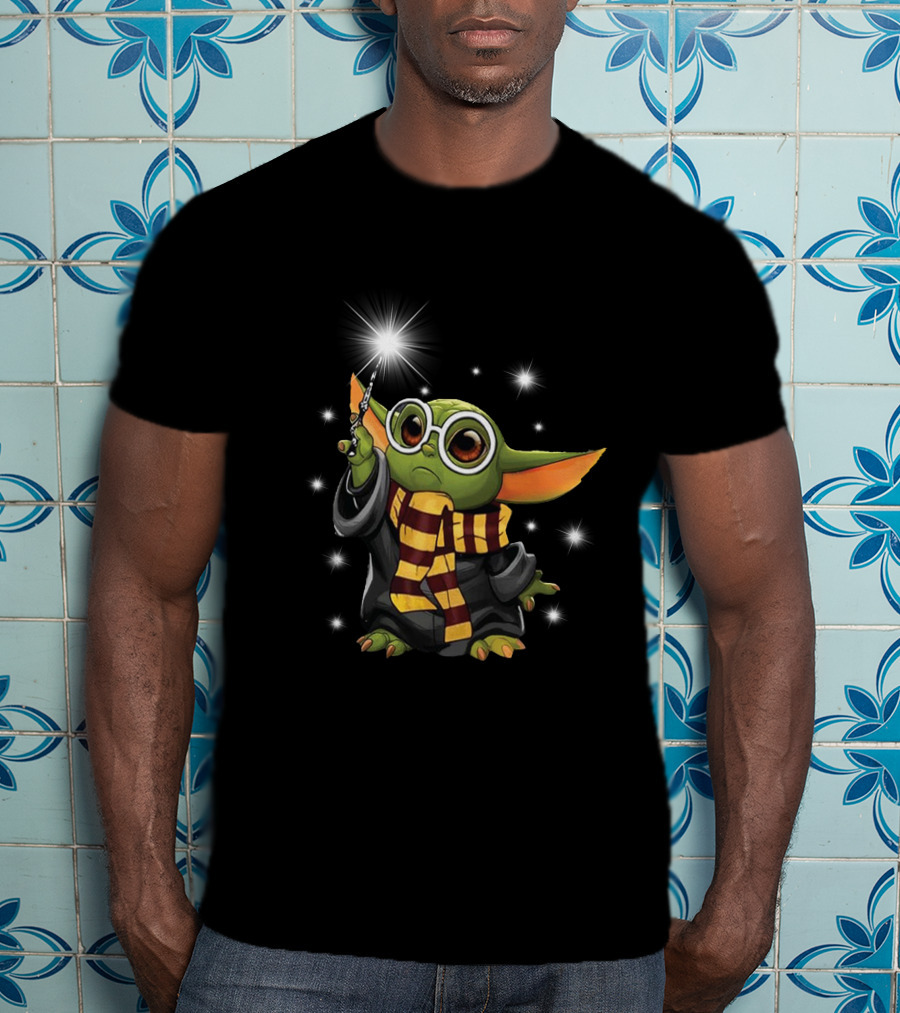 Wand Holding Grogu In Wizard Robe And Scarf With Glasses T-Shirt