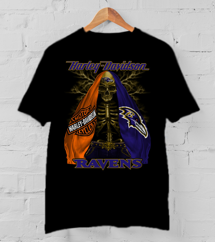 Harley Davidson Baltimore Ravens Motorcycles Skeleton Lightning T-Shirt