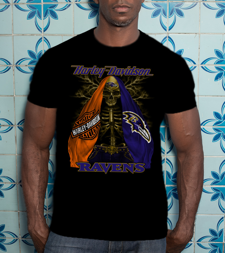 Harley Davidson Baltimore Ravens Motorcycles Skeleton Lightning T-Shirt
