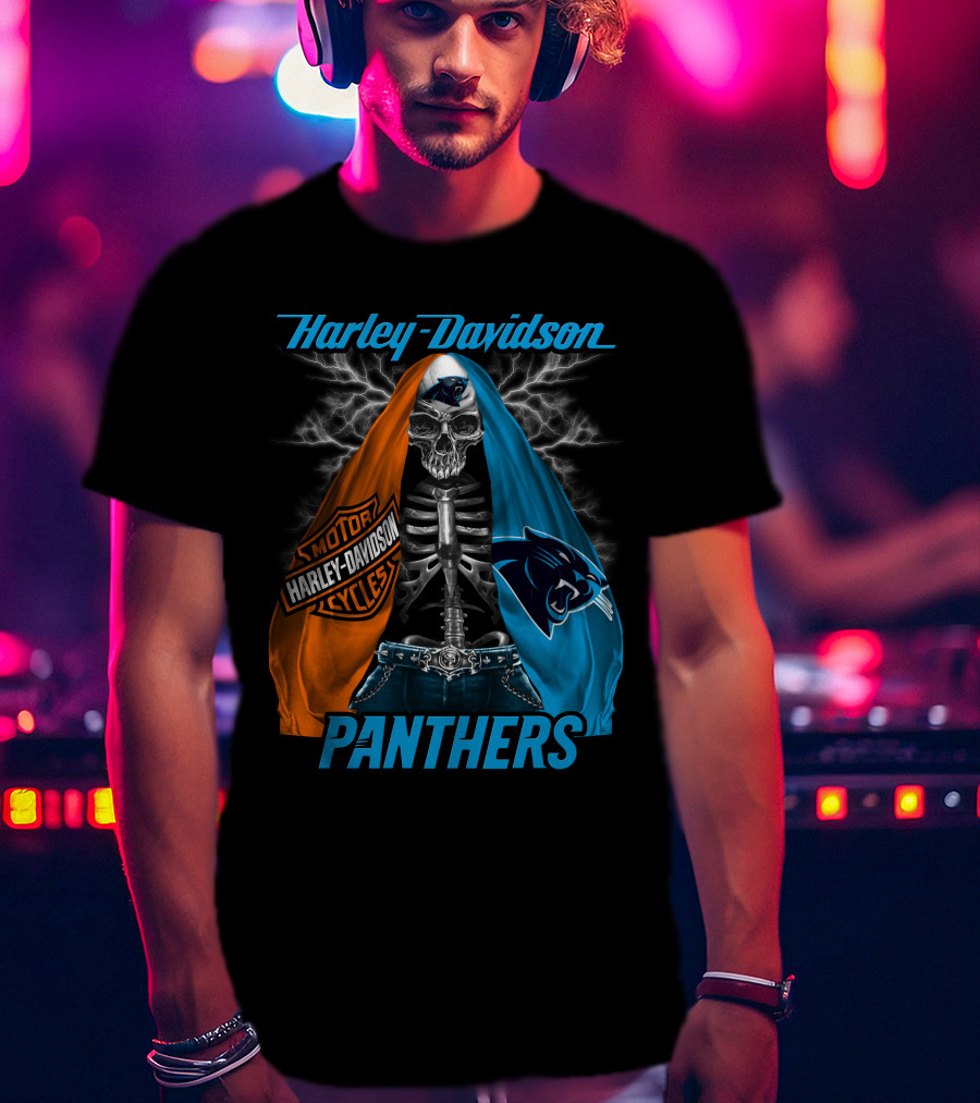Harley Davidson Motorcycles Skeleton Carolina Panthers T-Shirt
