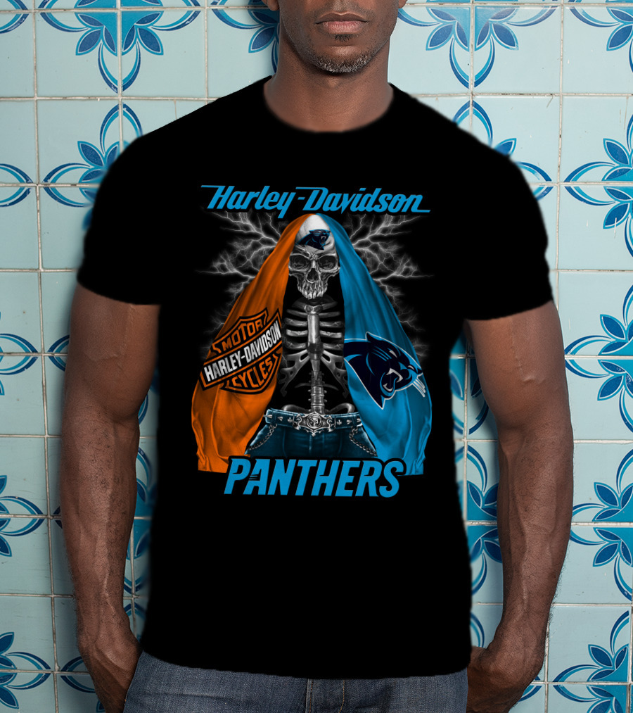 Harley Davidson Motorcycles Skeleton Carolina Panthers T-Shirt