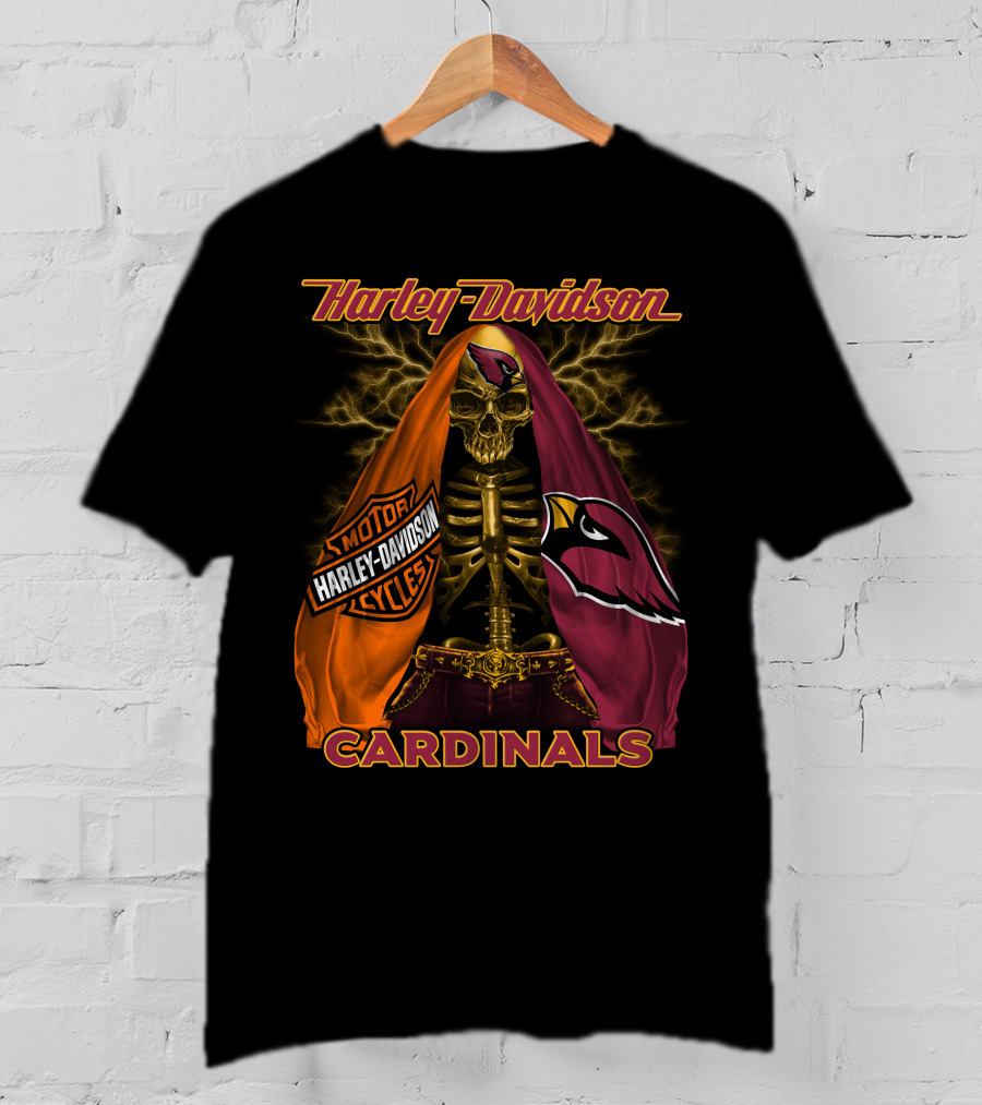 Harley Davidson Arizona Cardinals Skull And Skeleton With Logos T-Shirt