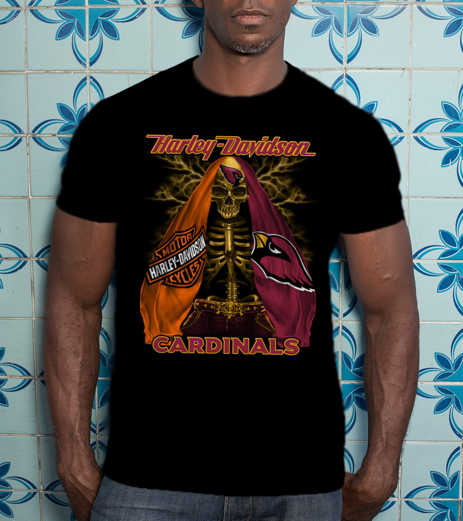 Harley Davidson Arizona Cardinals Skull And Skeleton With Logos T-Shirt
