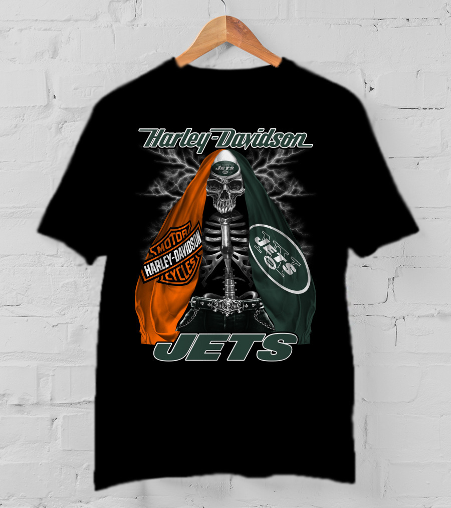 Harley Davidson New York Jets Skeleton With Flag And Lightning T-Shirt