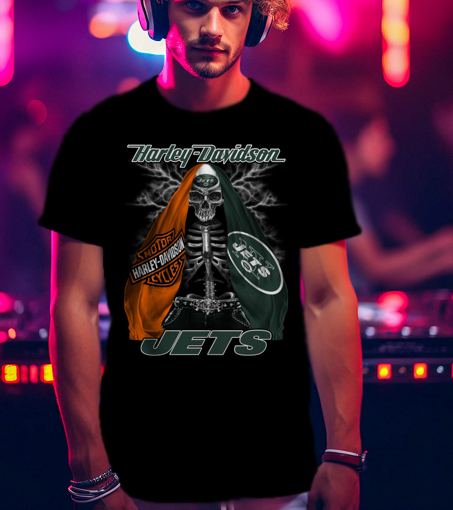 Harley Davidson New York Jets Skeleton With Flag And Lightning T-Shirt