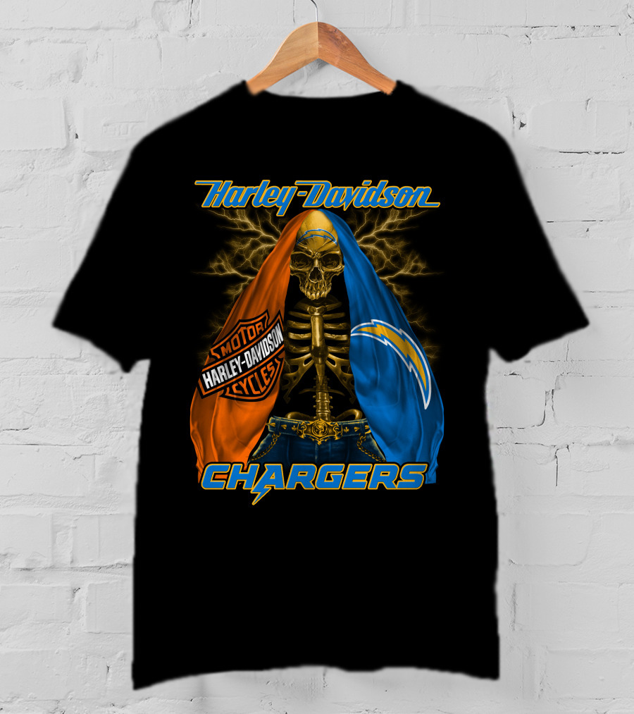 Harley Davidson Los Angeles Chargers Skeleton With Lightning Bolt And Motorcycle T-Shirt