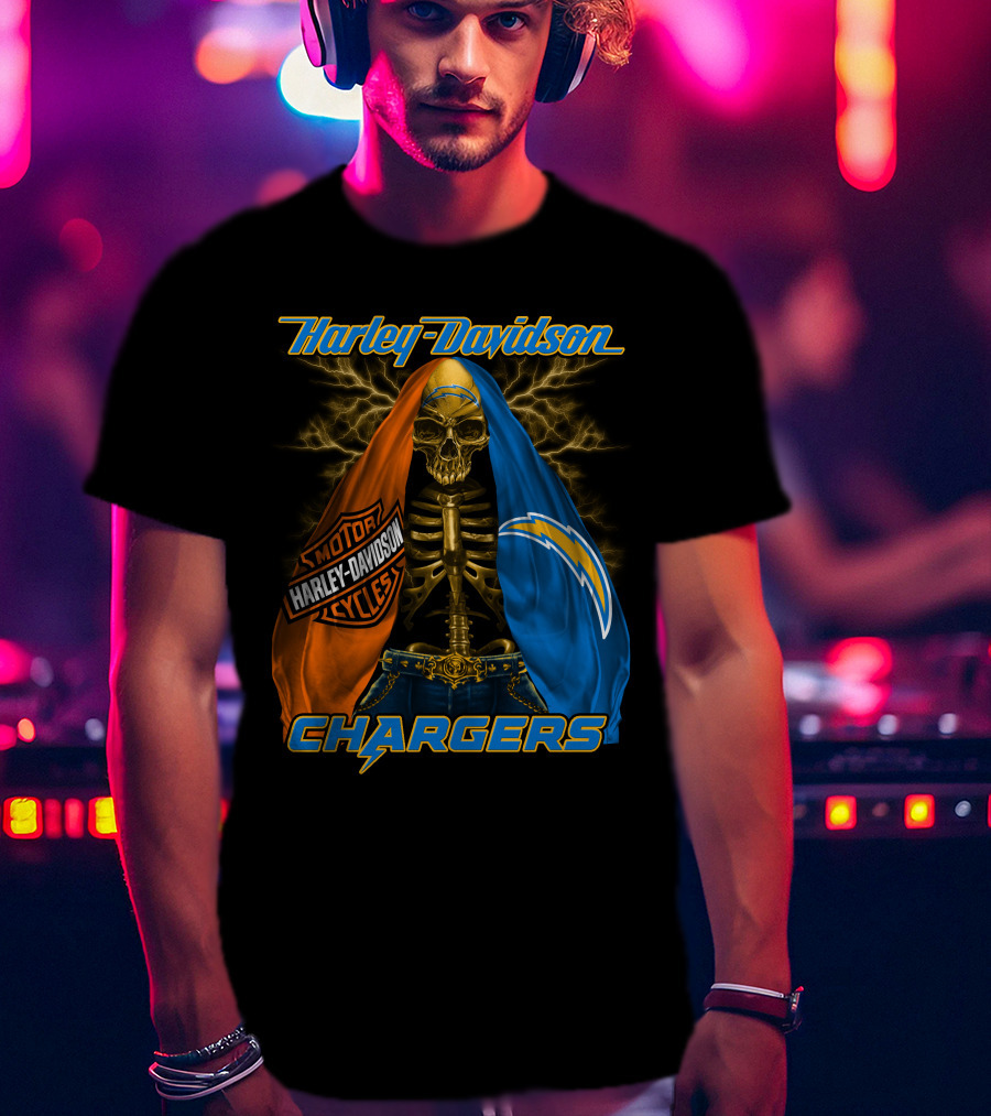 Harley Davidson Los Angeles Chargers Skeleton With Lightning Bolt And Motorcycle T-Shirt