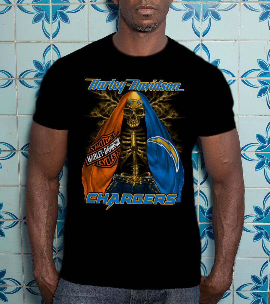 Harley Davidson Los Angeles Chargers Skeleton With Lightning Bolt And Motorcycle T-Shirt