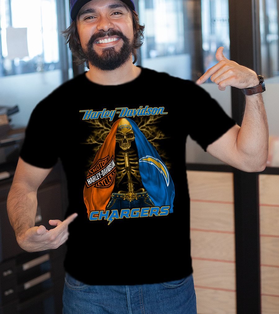 Harley Davidson Los Angeles Chargers Skeleton With Lightning Bolt And Motorcycle T-Shirt