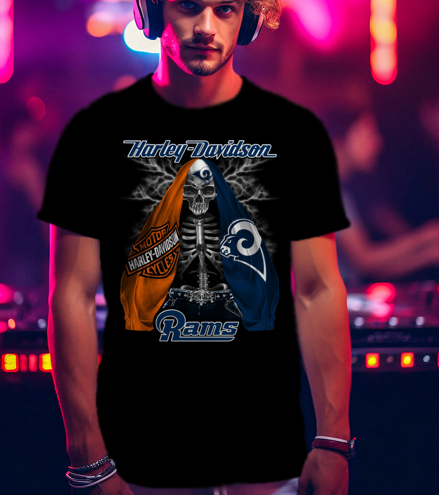 Harley Davidson Los Angeles Rams Motorcycles Skeleton T-Shirt