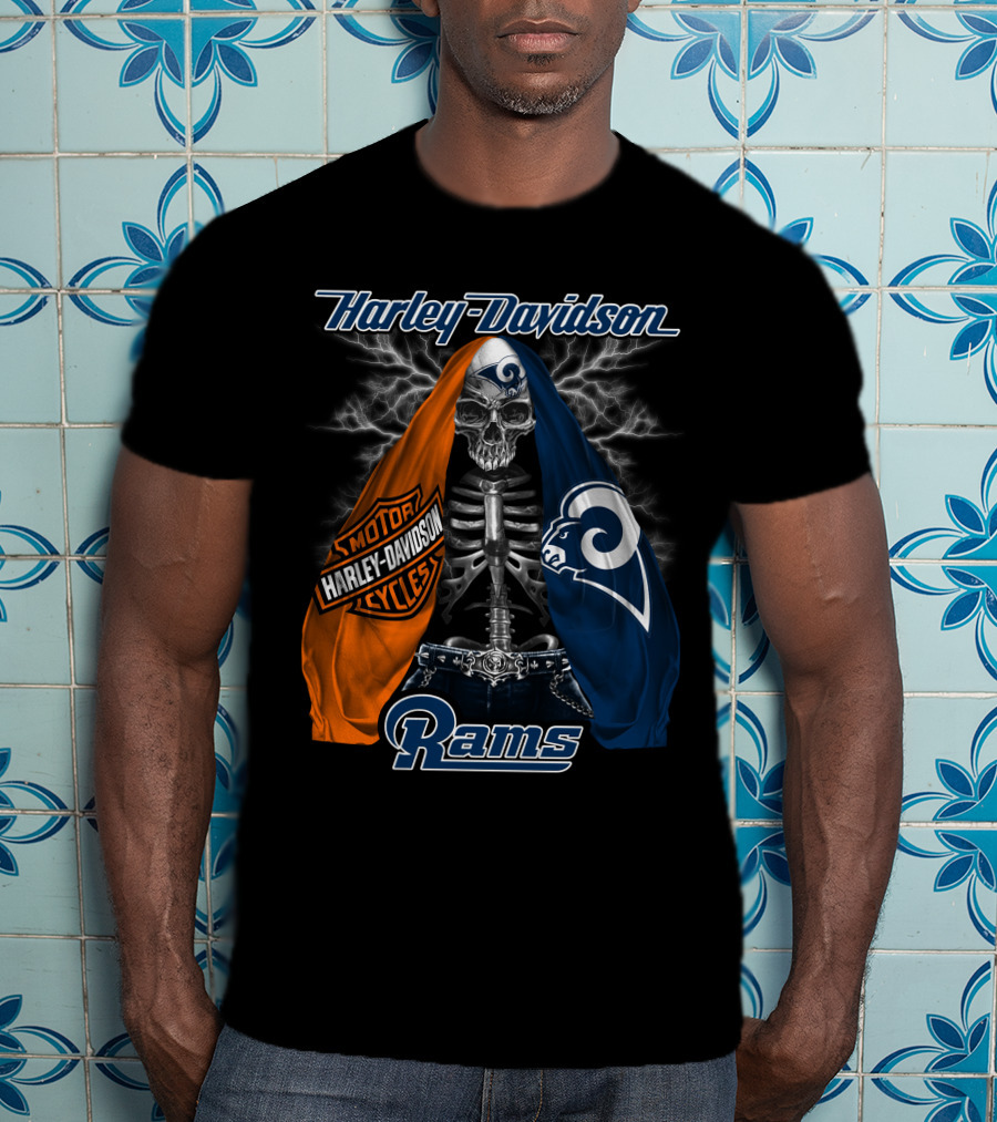 Harley Davidson Los Angeles Rams Motorcycles Skeleton T-Shirt