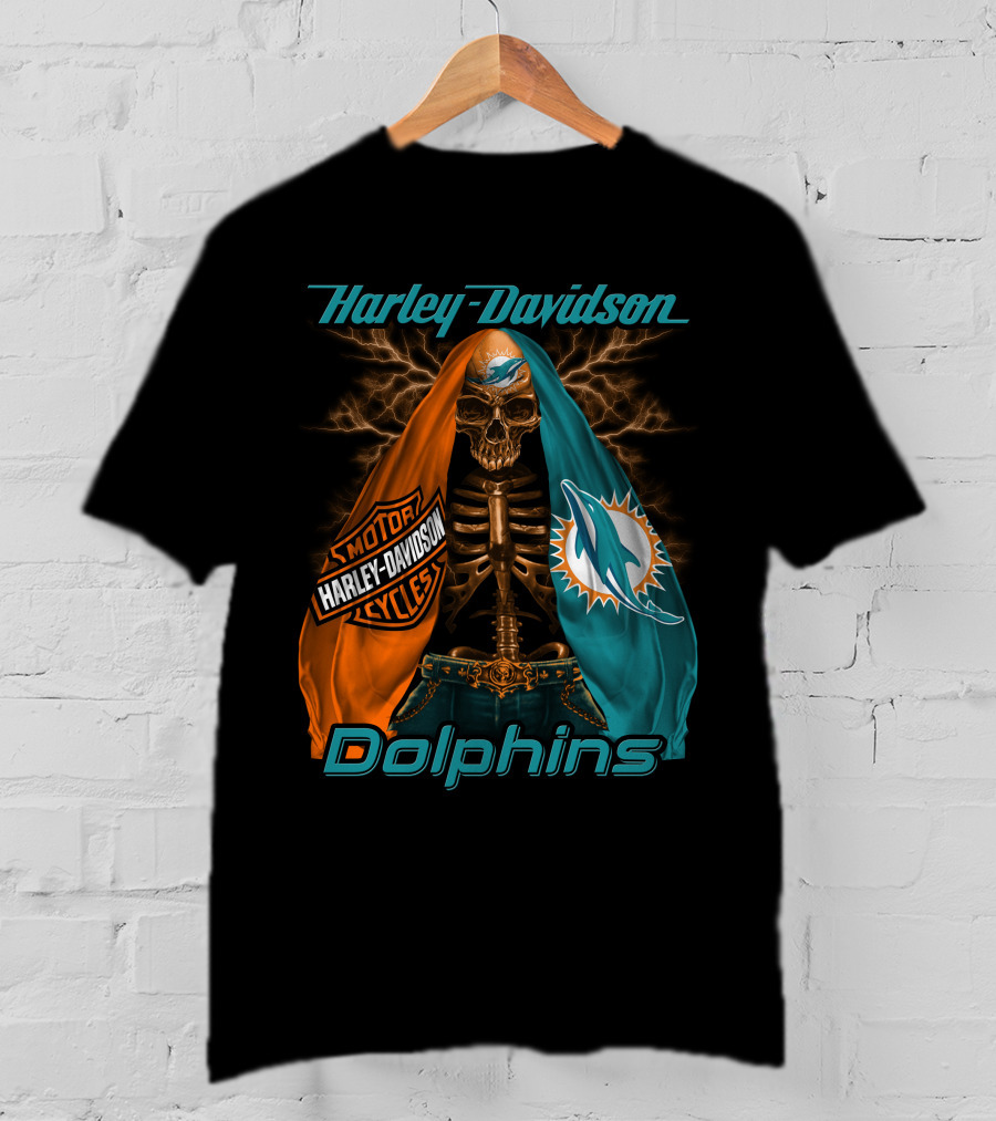 Harley Davidson Miami Dolphins Skeleton Motorcycles T-Shirt