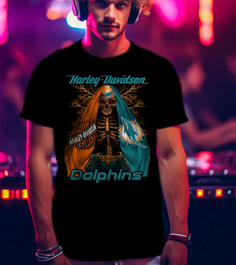 Harley Davidson Miami Dolphins Skeleton Motorcycles T-Shirt