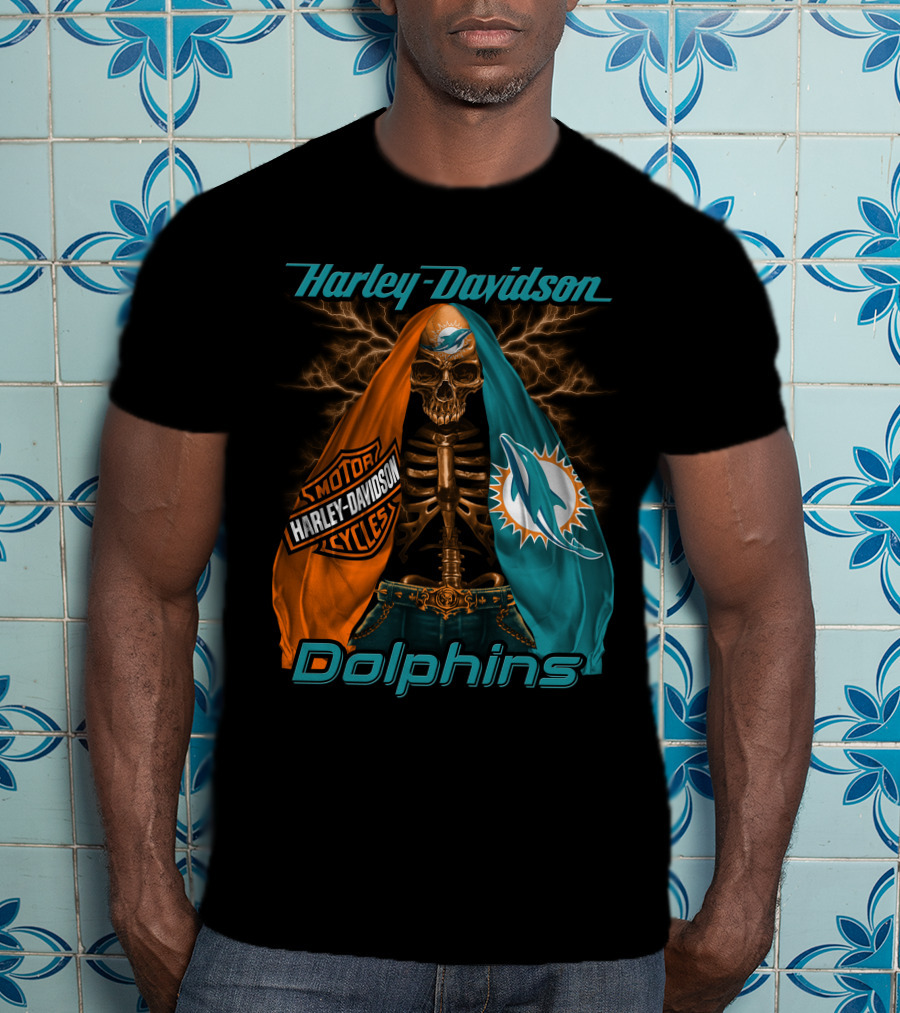 Harley Davidson Miami Dolphins Skeleton Motorcycles T-Shirt