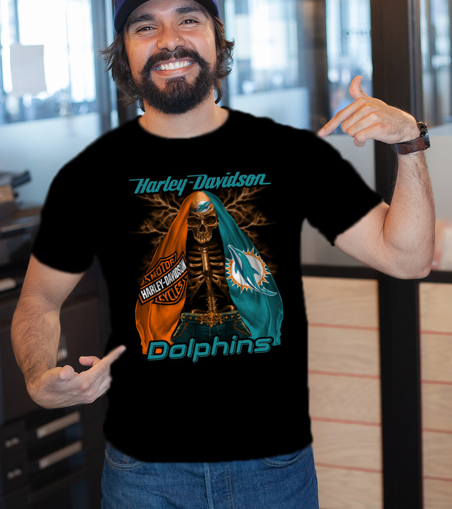 Harley Davidson Miami Dolphins Skeleton Motorcycles T-Shirt