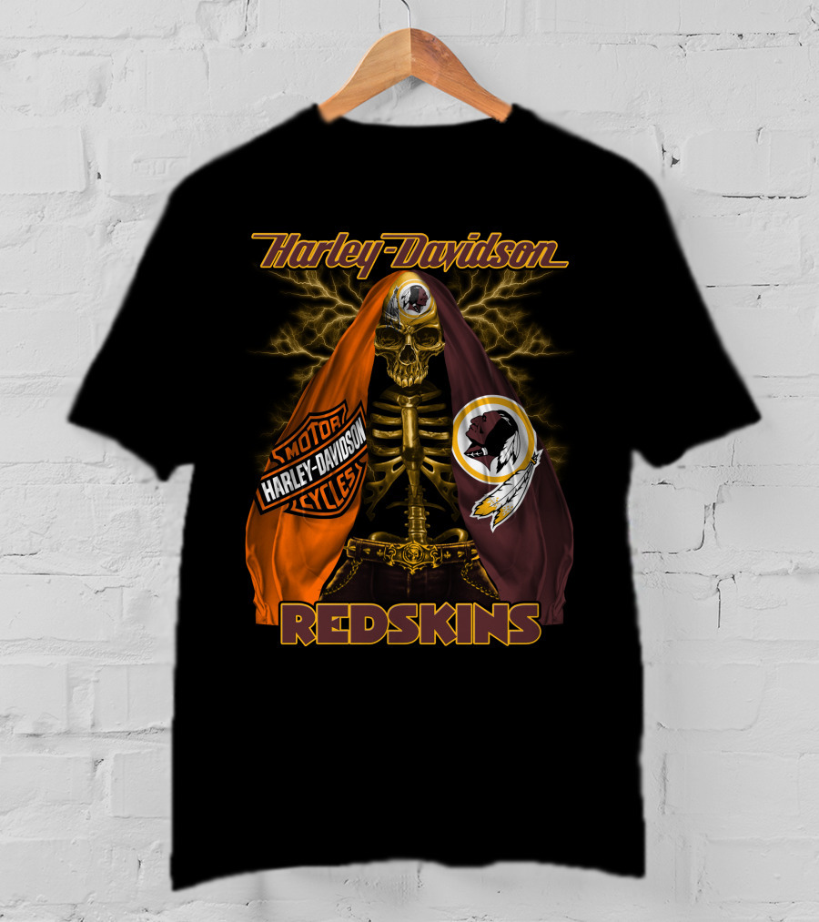 Harley Davidson Redskins Skeleton With Motorcycles And Team Emblems T-Shirt
