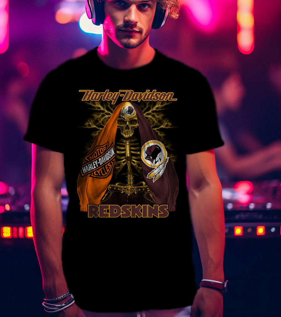 Harley Davidson Redskins Skeleton With Motorcycles And Team Emblems T-Shirt