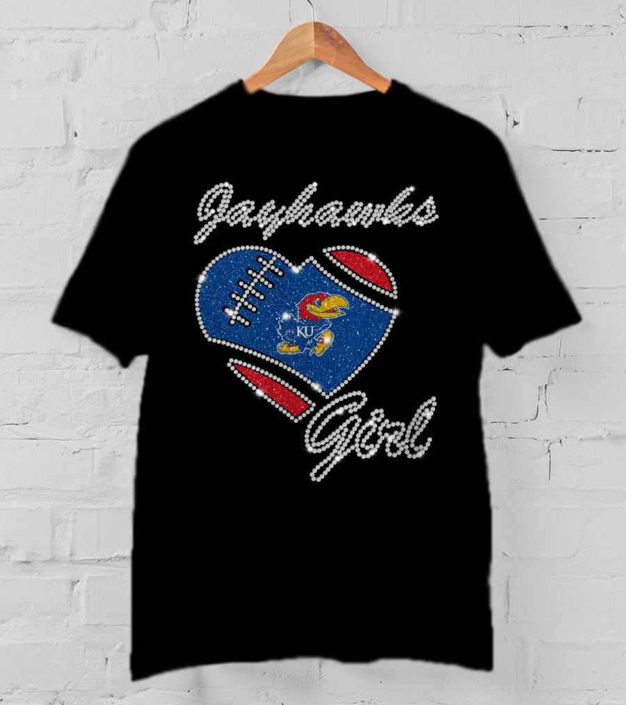 Jayhawks Girl Heart Ku Football T-Shirt