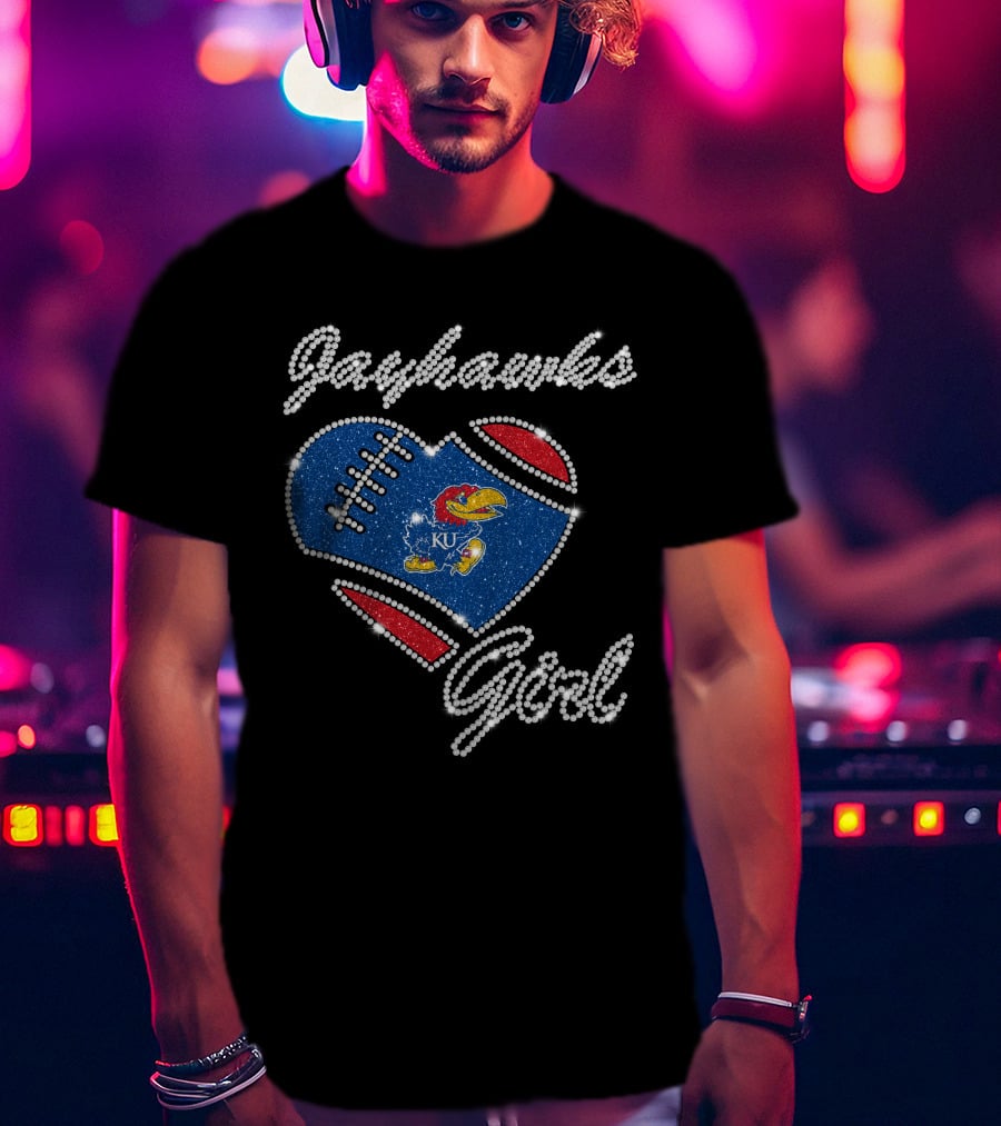 Jayhawks Girl Heart Ku Football T-Shirt