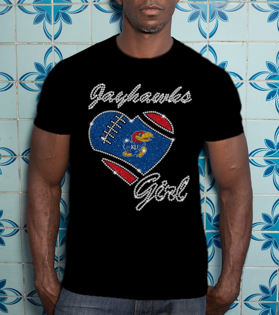 Jayhawks Girl Heart Ku Football T-Shirt