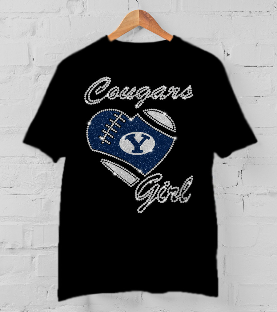 Byu Cougars Girl Football Heart Crystal T-Shirt